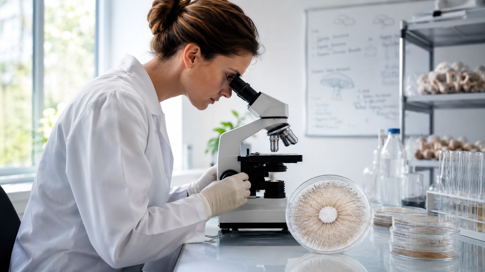 A female scientist in a white lab coat using a microscope in a bright laboratory environment.