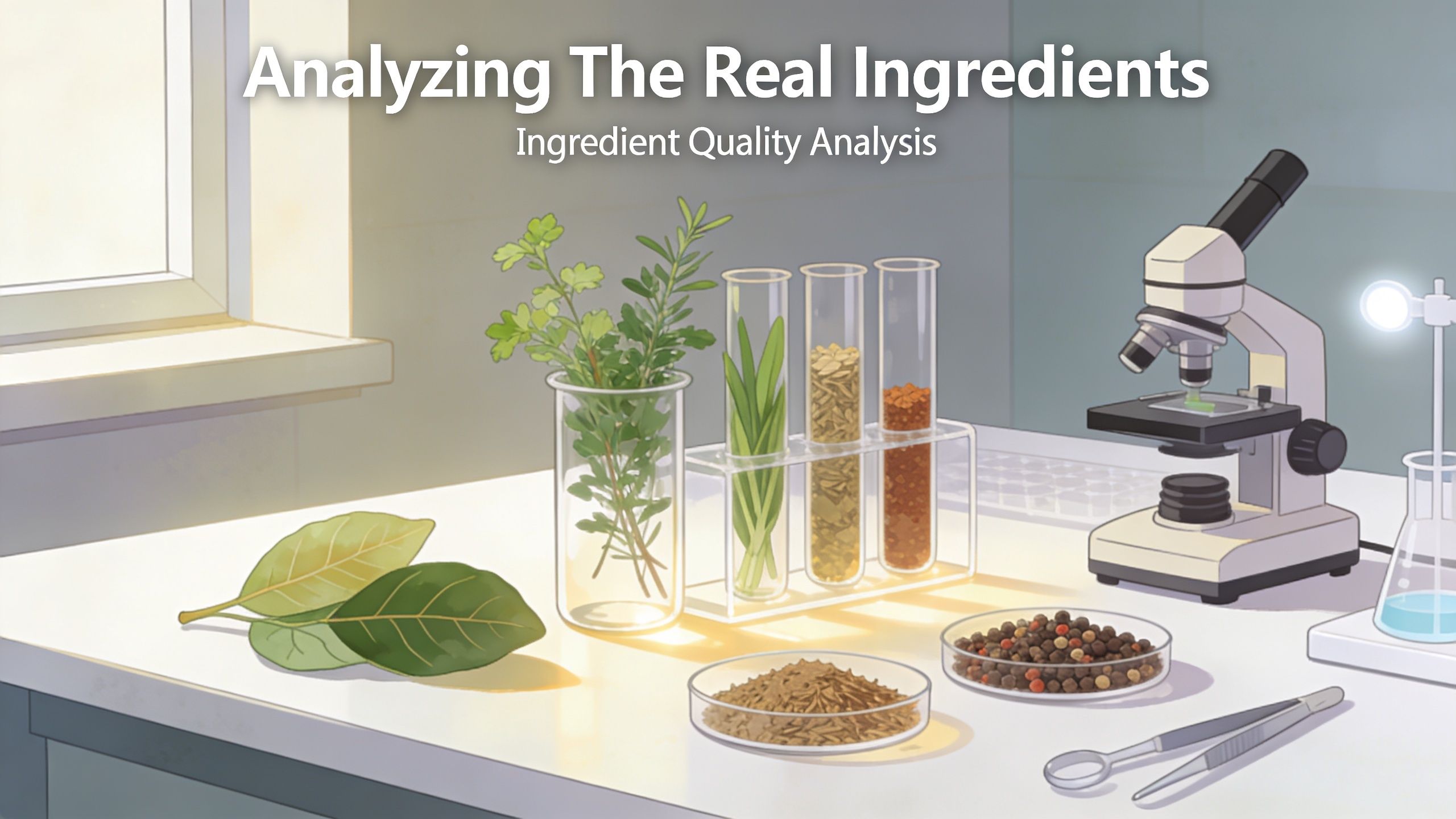 A laboratory table with herbs, test tubes, spices, and a microscope for analyzing ingredients.