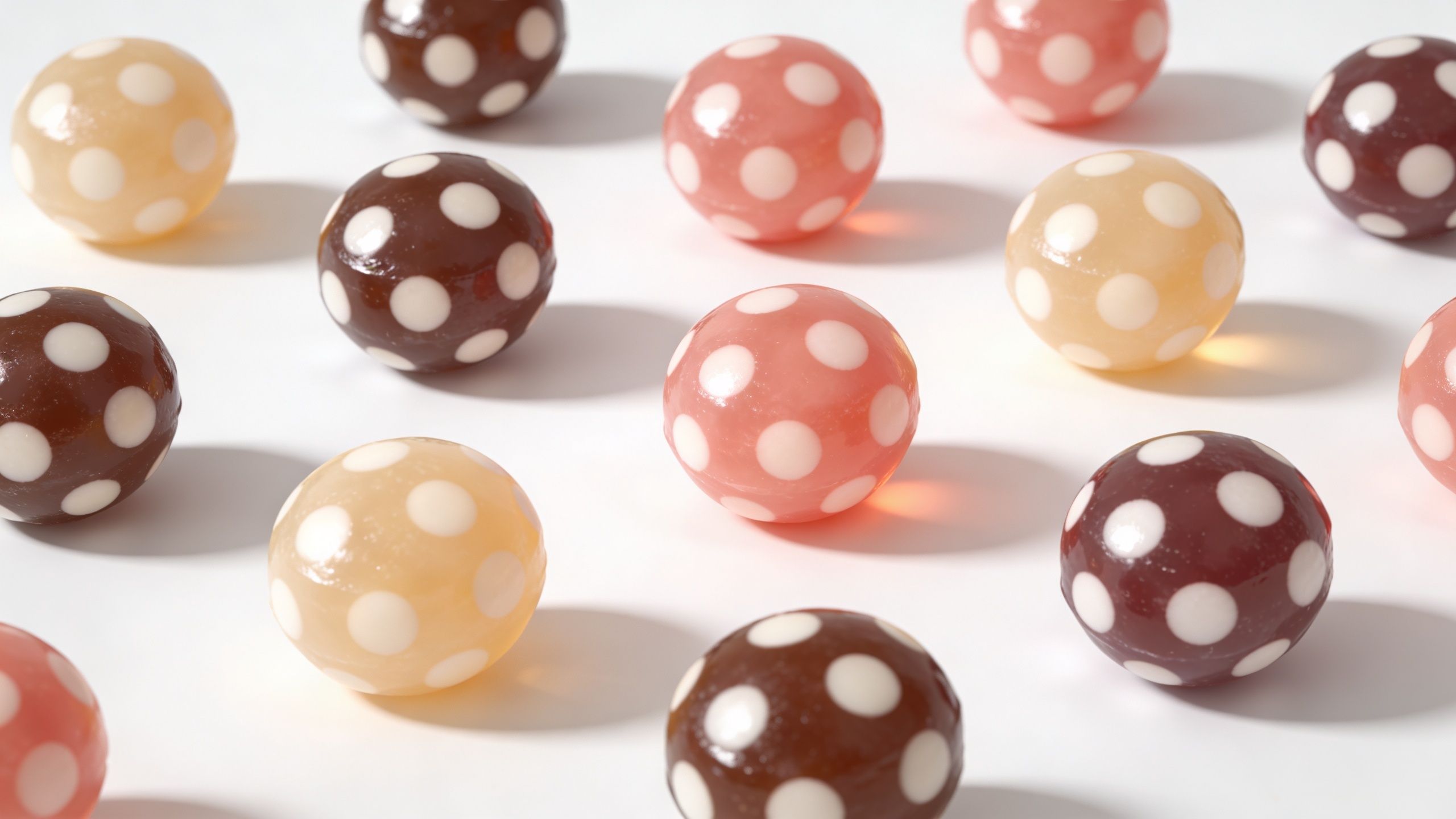 A collection of round, colorful candies with white polka dot patterns arranged neatly on a white background.