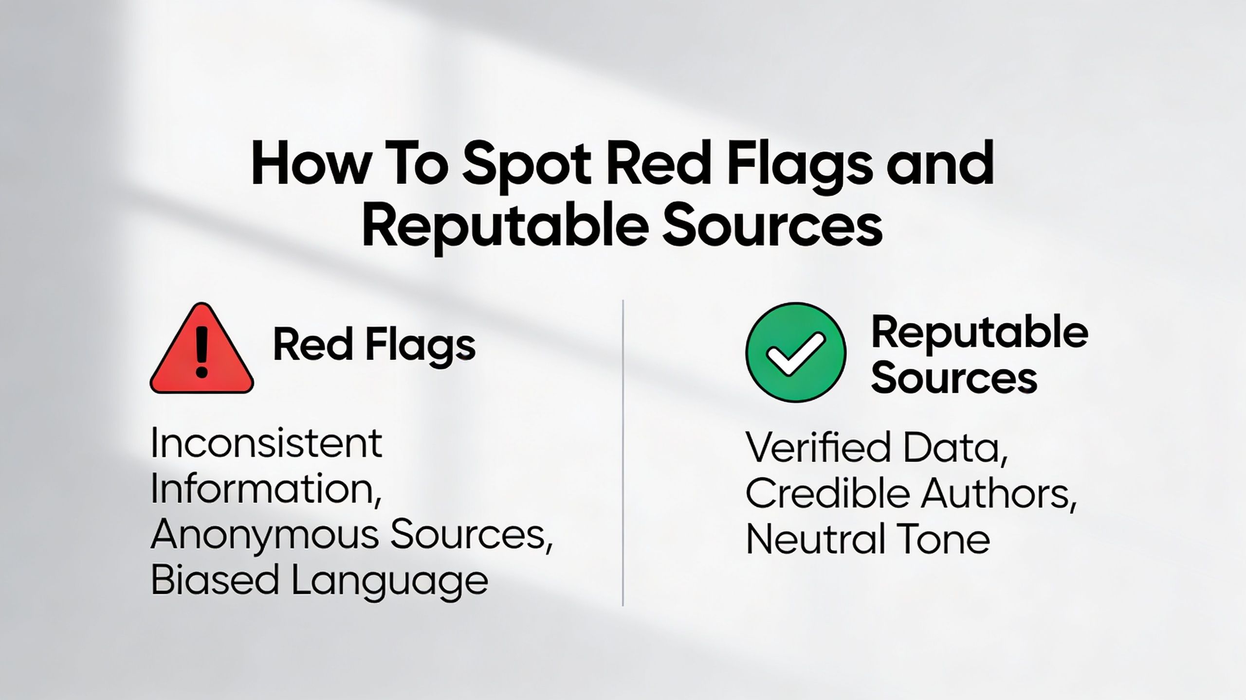 A graphic comparing red flags and reputable sources with examples listed for each in simple text.