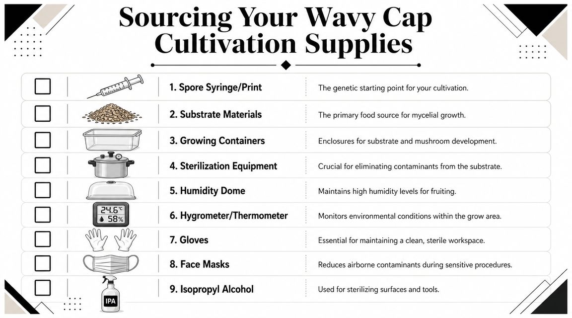 A checklist for cultivation supplies for Wavy Cap mushrooms, listing essential items for mycological growth.