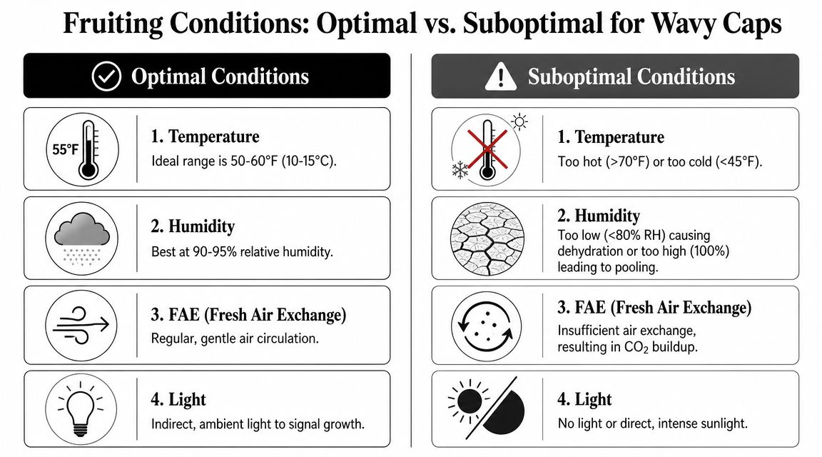 A comparison chart showing optimal and suboptimal fruiting conditions for growing Psilocybe cyanescens Wavy Cap mushrooms.
