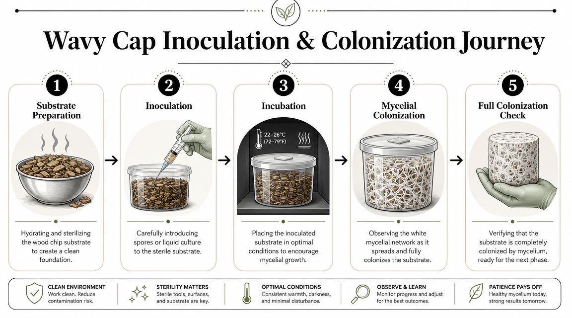 An infographic detailing the five-step process for Wavy Cap mushroom inoculation and mycelial substrate colonization.