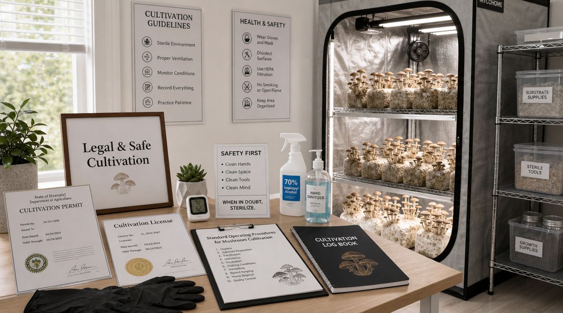 A professional desk setup for mushroom cultivation featuring licenses, logbooks, cleaning supplies, and a grow tent.