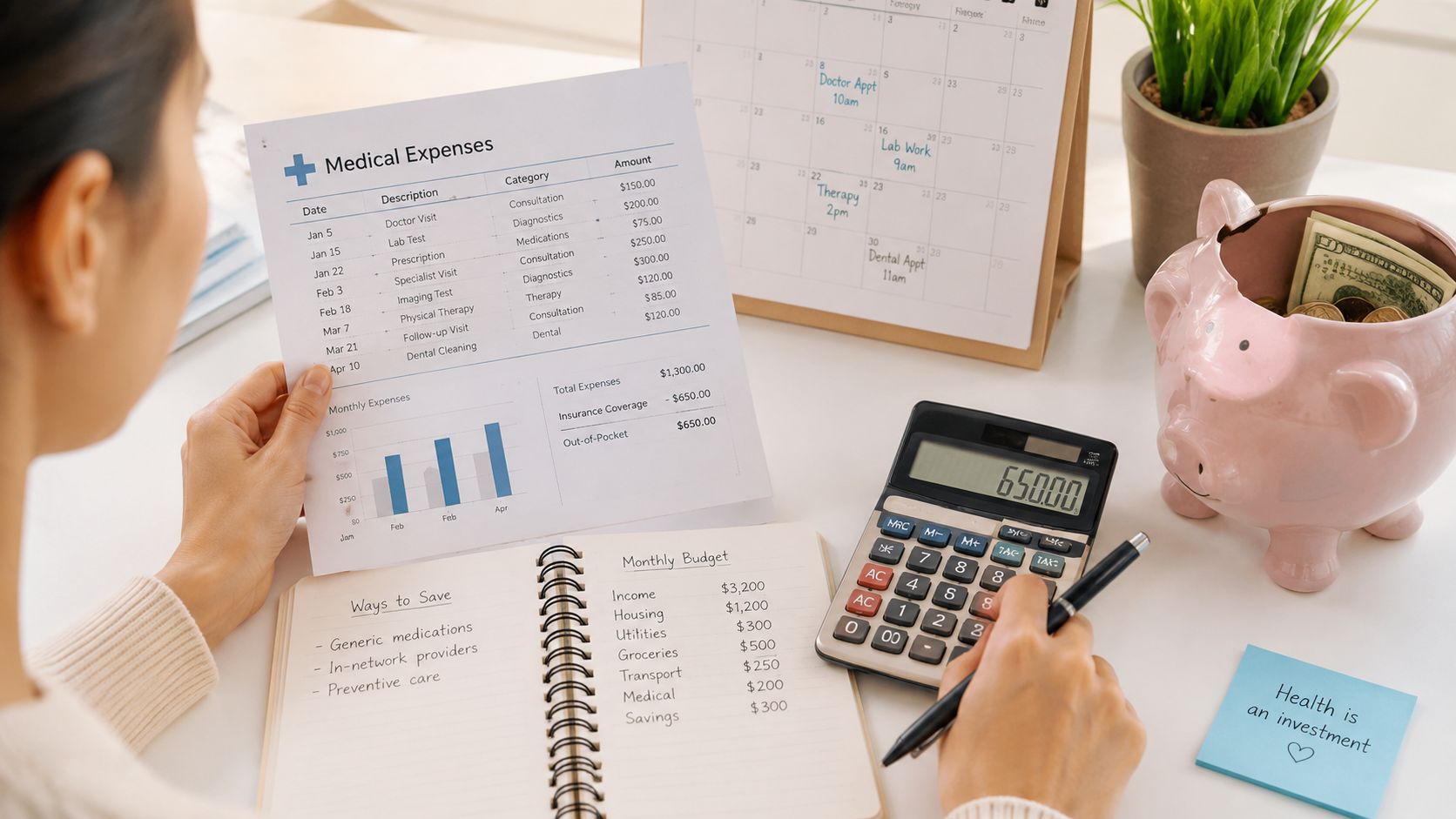 A person reviewing medical expenses, budget, and savings while planning health care costs at a desk.