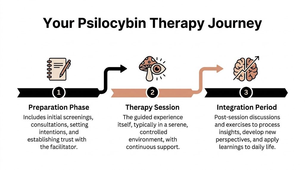 A three-step infographic detailing the psilocybin therapy journey process from preparation to session and final integration.