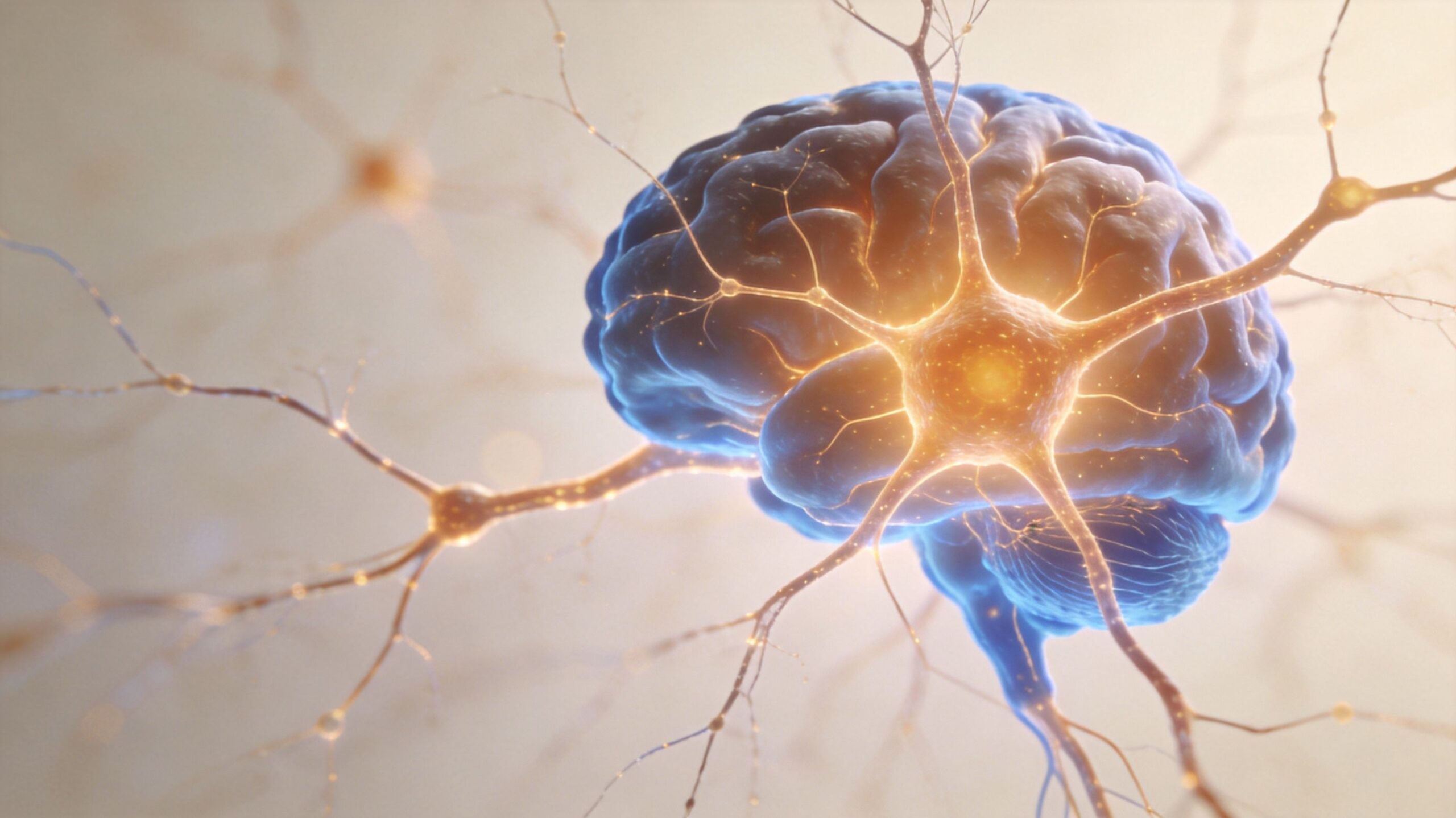 A glowing human brain structure interconnected with bright neural pathways representing mental health and cognitive research.