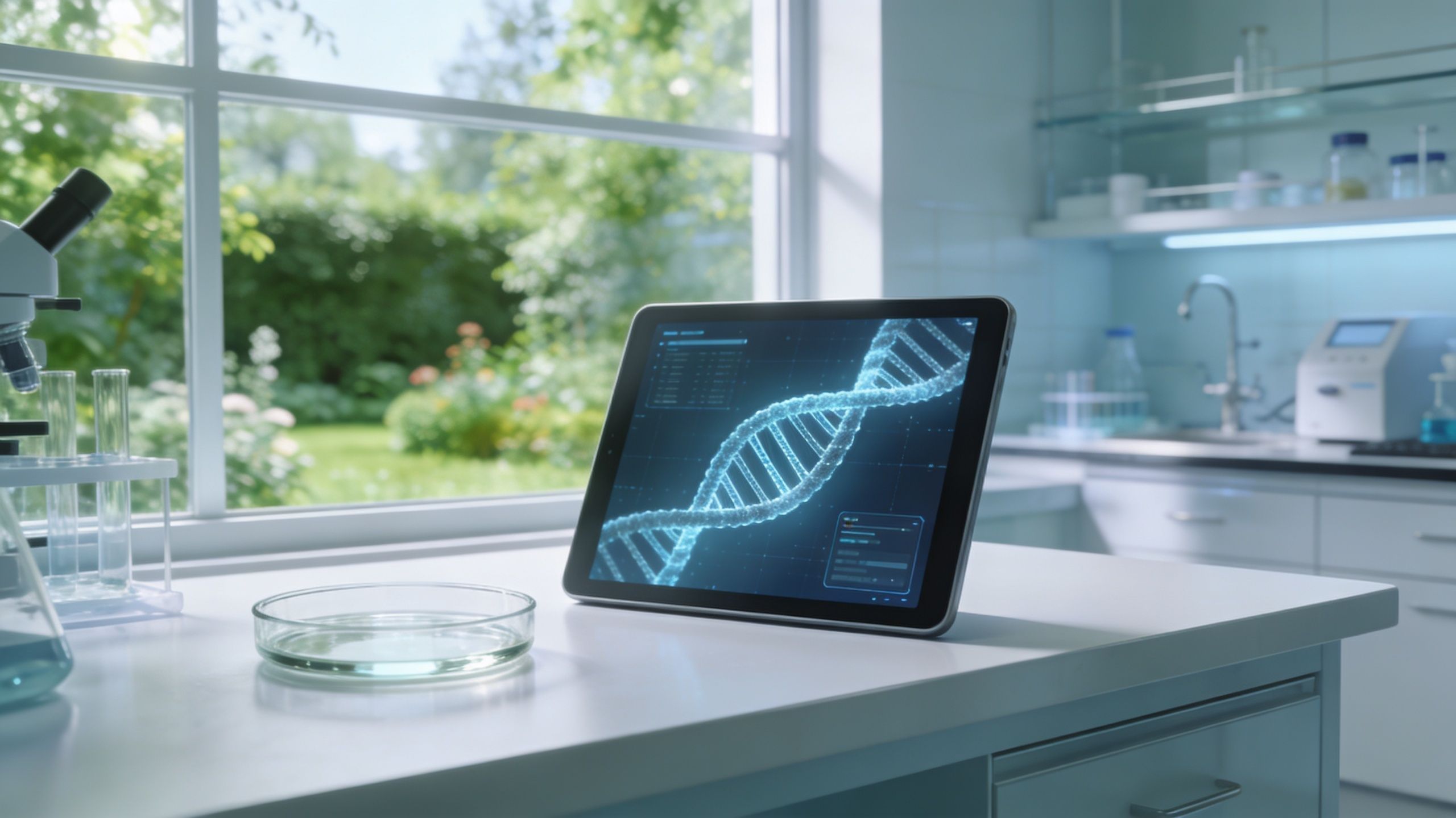 A digital tablet displaying a DNA double helix model on a bright laboratory counter next to glassware.