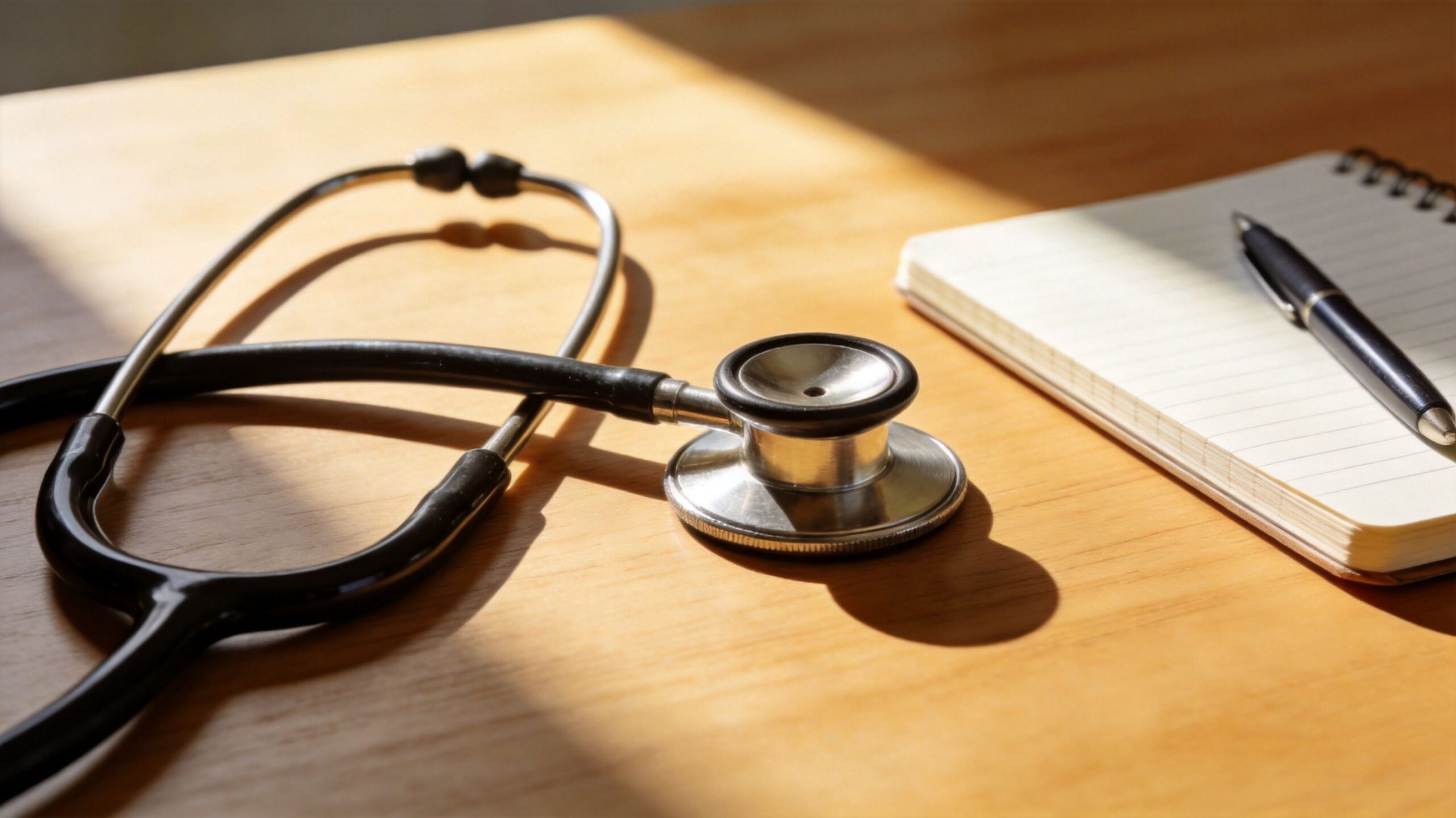 A black stethoscope resting on a wooden desk next to an open notebook and a pen.