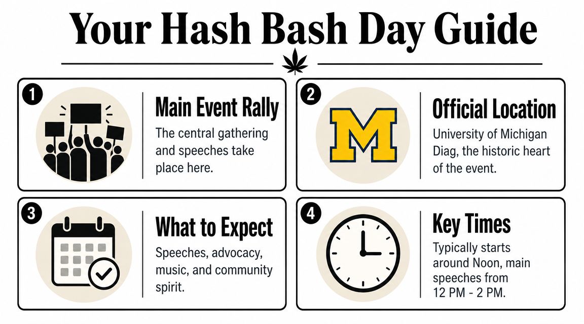 An infographic titled Your Hash Bash Day Guide detailing the event location, activities, and scheduled times.