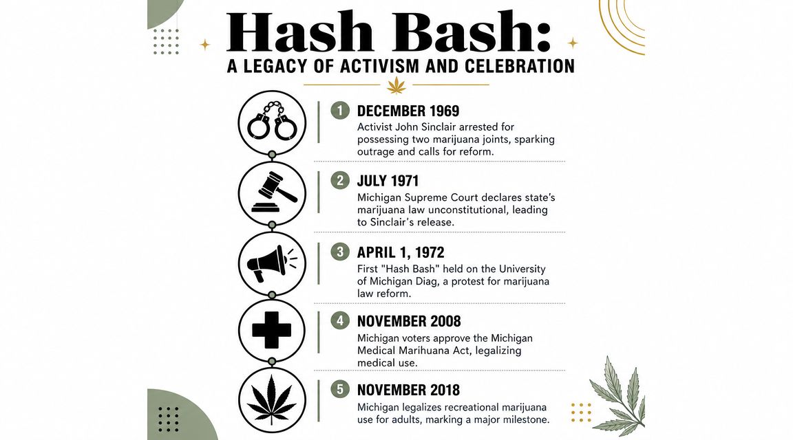 A timeline infographic titled Hash Bash detailing the history of marijuana activism in Michigan since 1969.