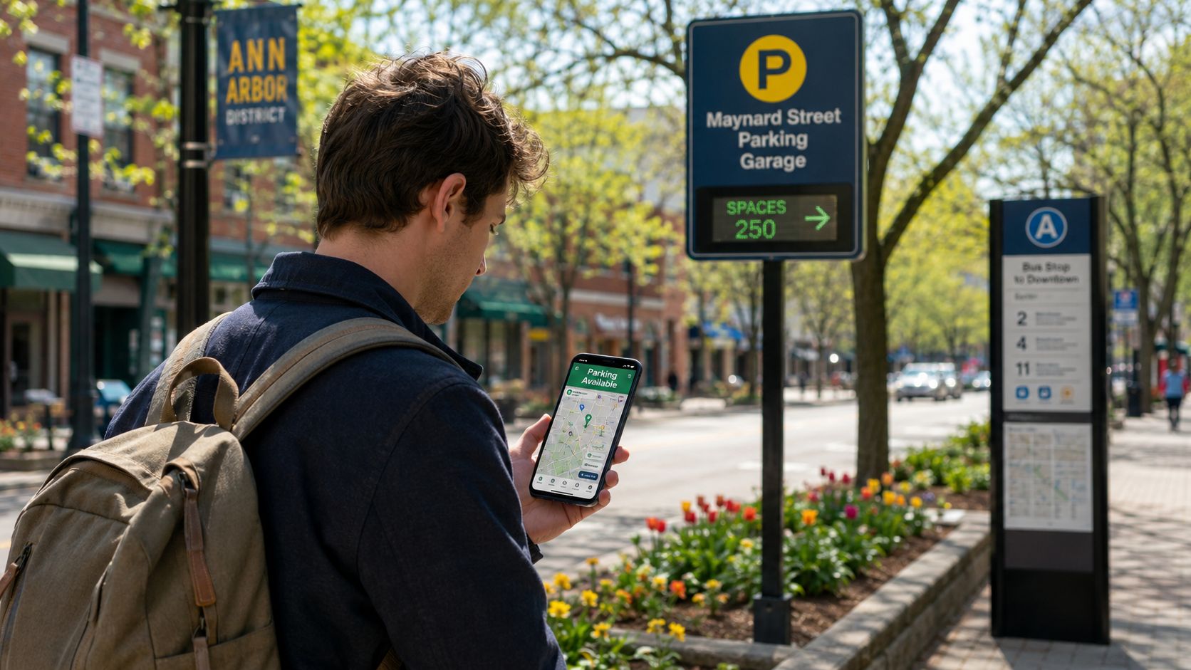 A man looks at a parking app on his phone near a parking garage sign in Ann Arbor.