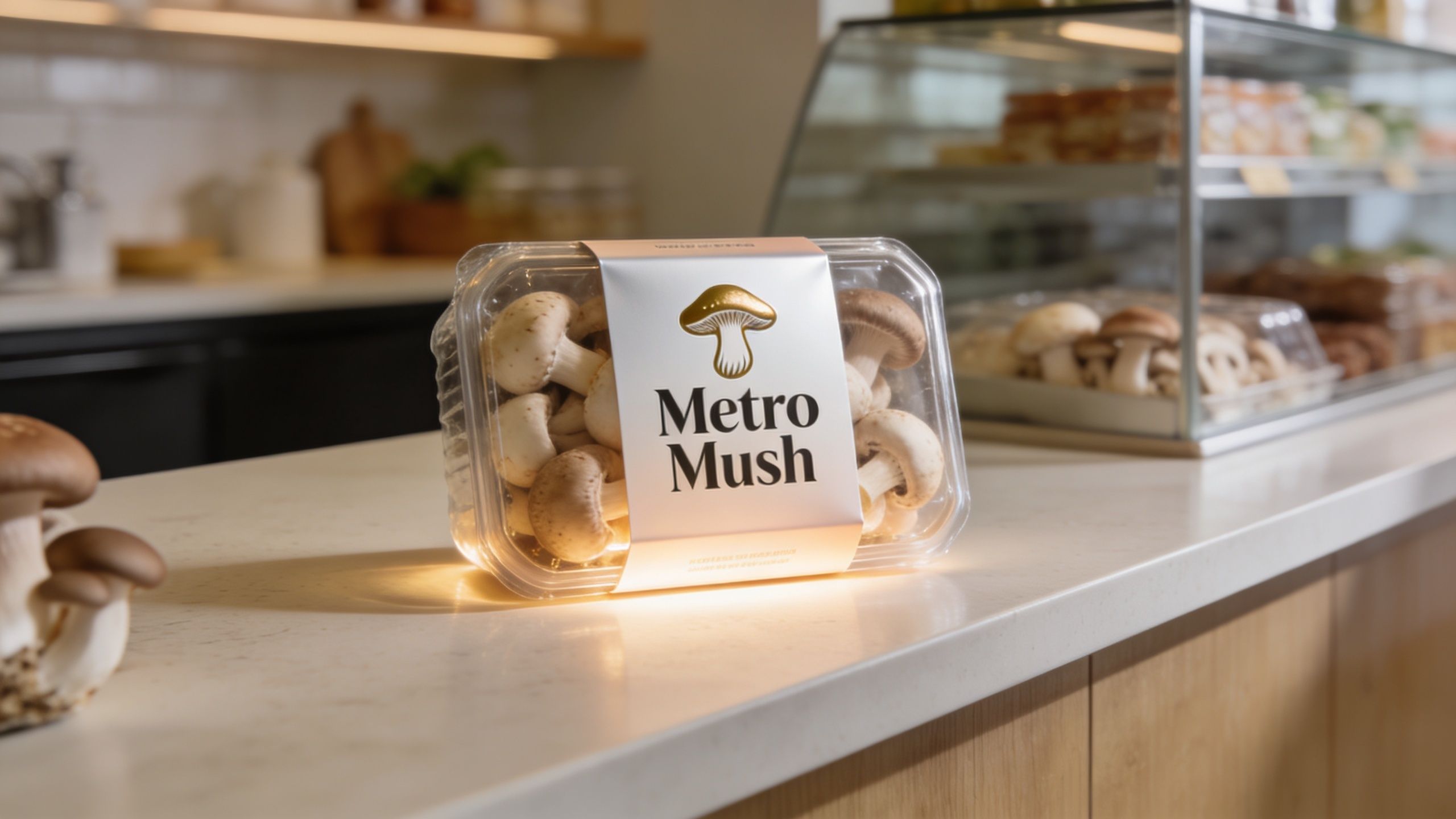 A clear plastic container of fresh Metro Mush mushrooms sits on a clean modern kitchen counter.