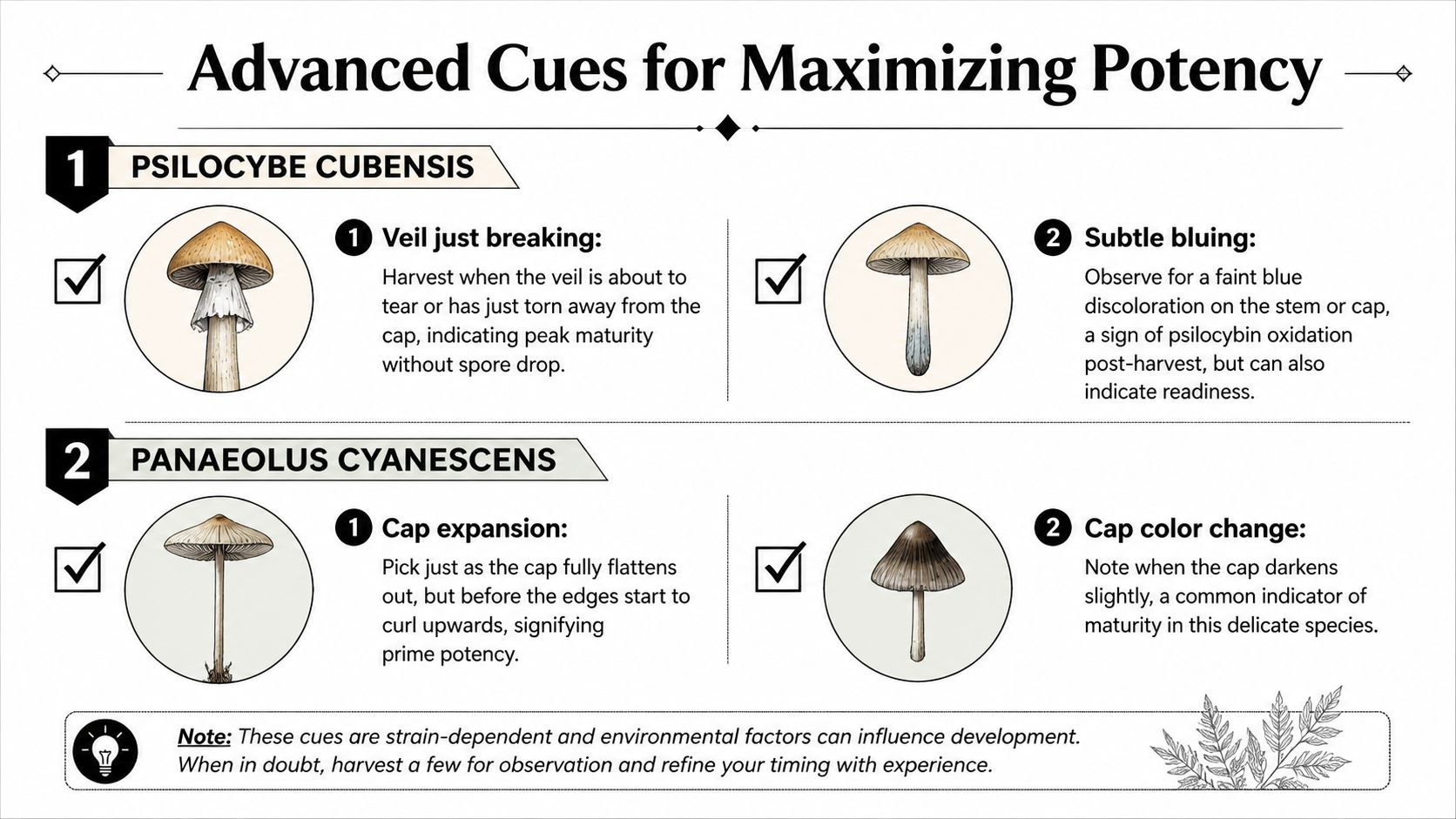 An infographic illustrating optimal harvest cues for Psilocybe cubensis and Panaeolus cyanescens mushrooms to maximize potency.