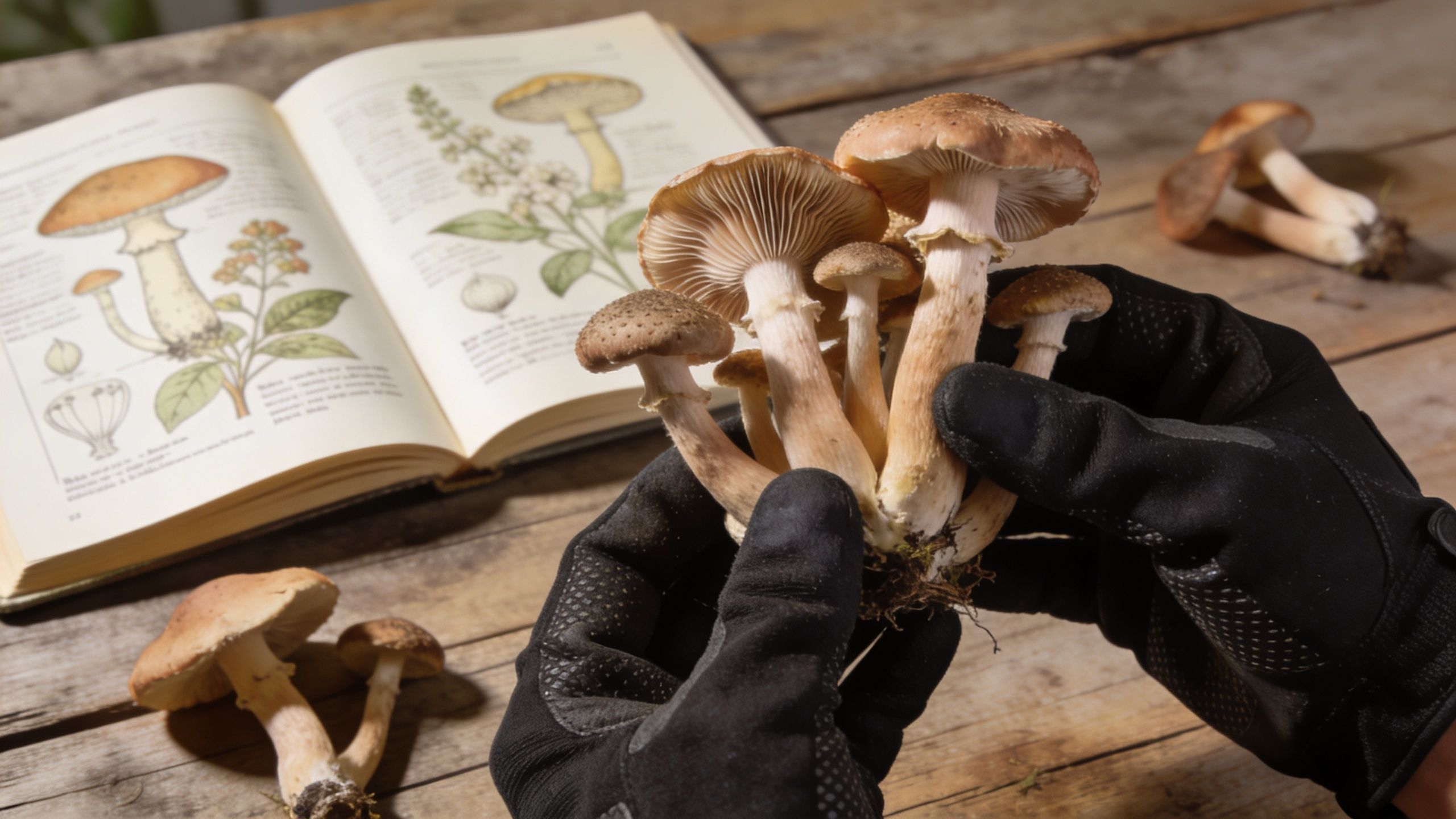 A person wearing black gloves holding a cluster of freshly picked mushrooms with an identification book nearby.