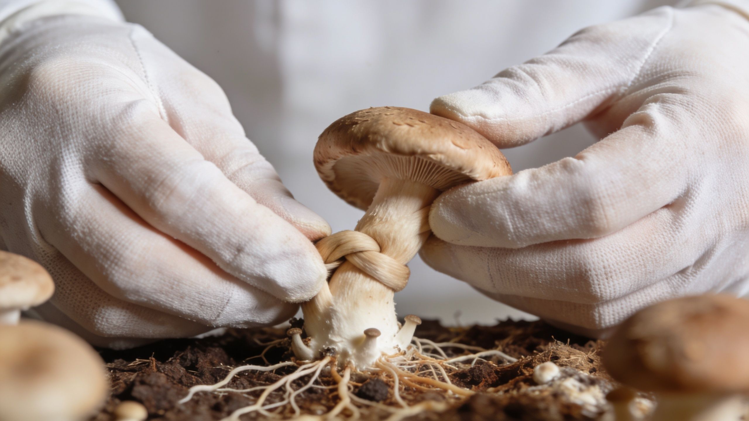 A person wearing white gloves gently handling and inspecting a freshly grown mushroom in soil.