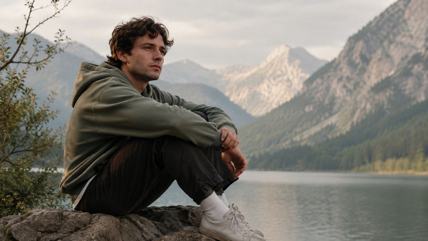 A pensive young man wearing a green hoodie sitting on a rock by a scenic mountain lake.