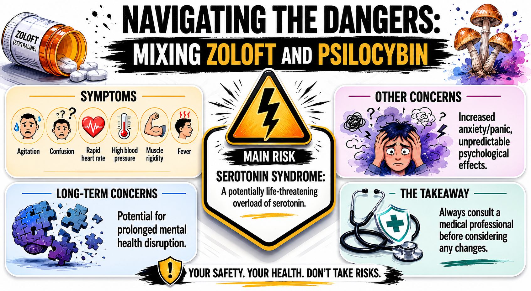 An infographic warning about the potential dangers of mixing Zoloft antidepressant medication with psilocybin mushrooms.
