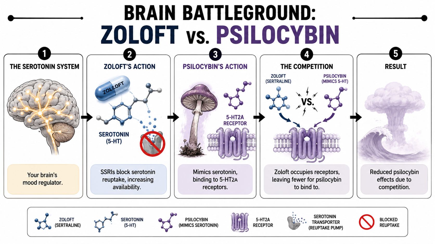 A diagram comparing how Zoloft and psilocybin interact with serotonin receptors in the human brain.
