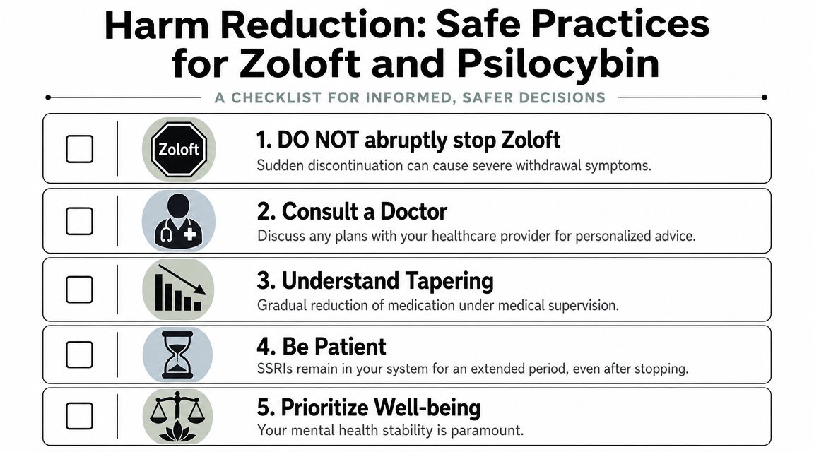 A safety checklist infographic regarding the risks of abruptly stopping Zoloft while using psilocybin mushrooms.