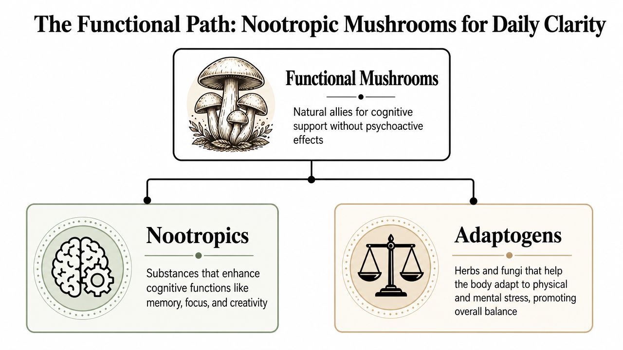 A diagram explaining functional mushrooms, highlighting their classification as both nootropics and adaptogens for cognitive support.