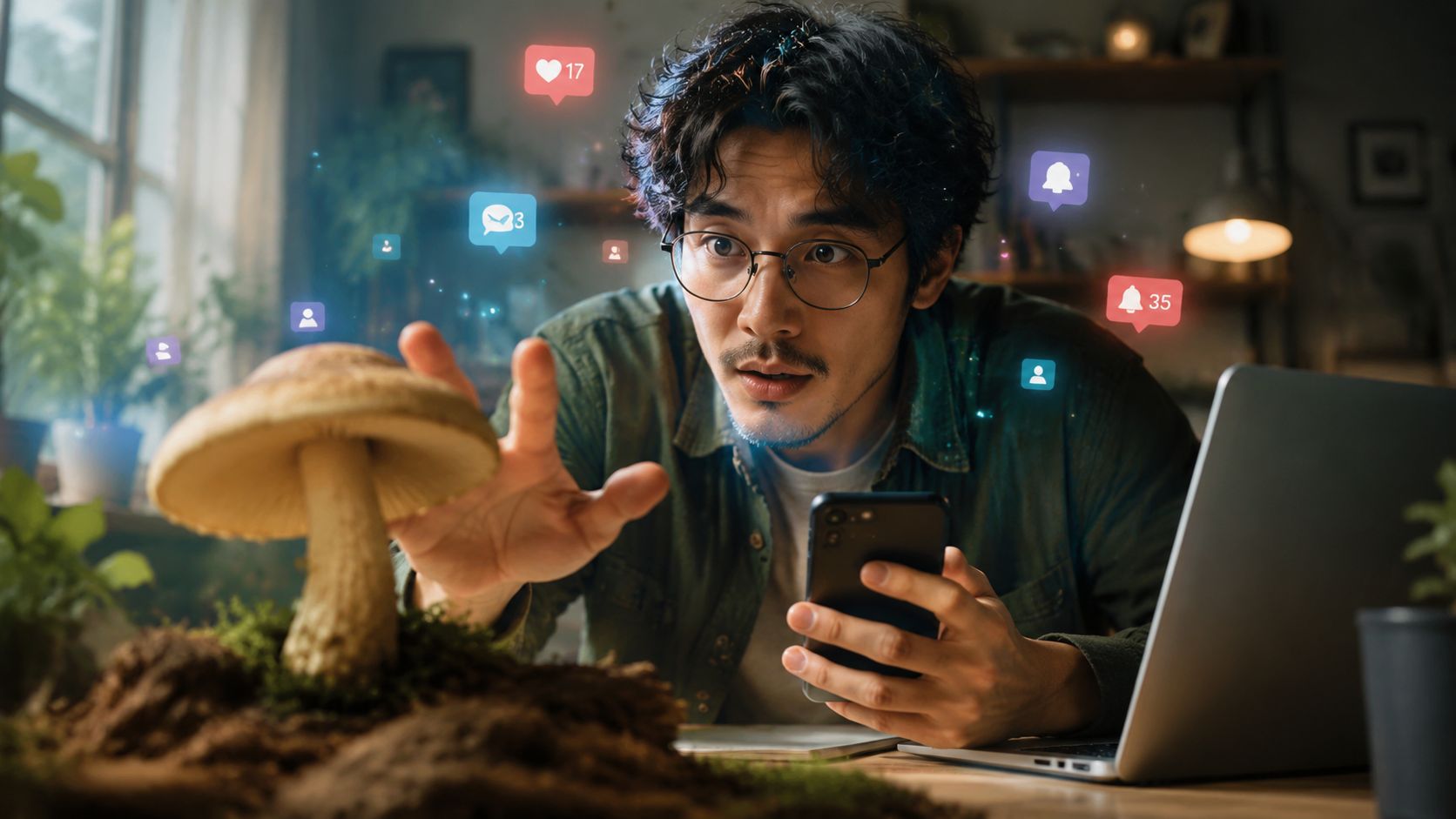 A man in glasses looks in amazement at a glowing mushroom while holding his smartphone with notifications.