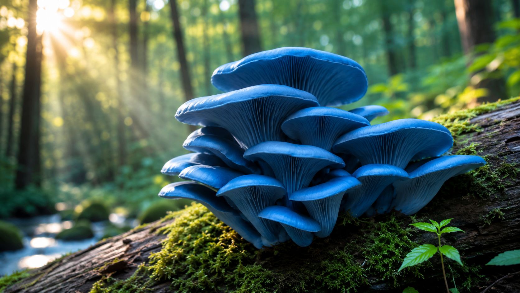 A cluster of vibrant blue oyster mushrooms growing on a mossy log in a sunlit forest.
