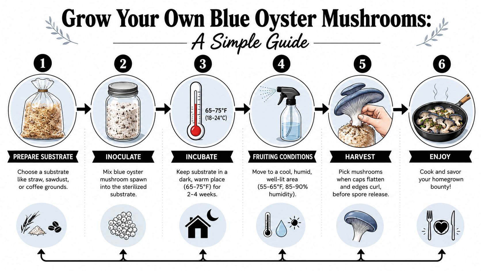 A six-step infographic guide explaining how to grow blue oyster mushrooms at home from preparation to cooking.