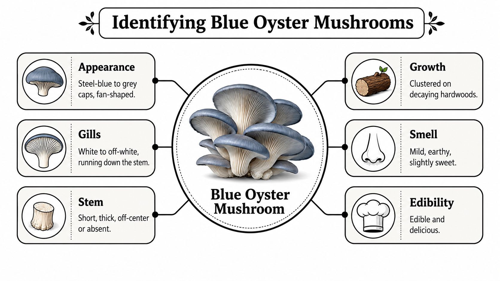 An infographic detailing the identifying features of blue oyster mushrooms including appearance, gills, stem, growth, smell, and edibility.