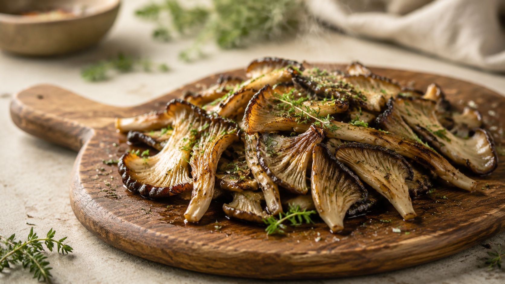 A pile of golden-brown sautéed blue oyster mushrooms seasoned with fresh herbs on a wooden cutting board.
