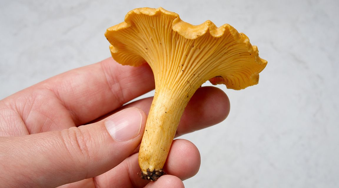 A hand holding a fresh yellow chanterelle mushroom showing its characteristic ridges against a light background.