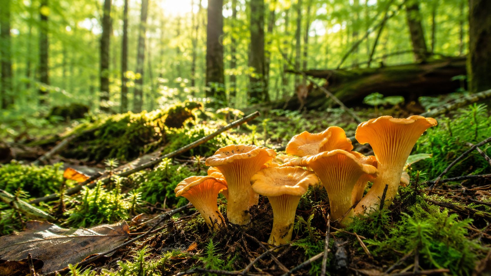 A cluster of golden chanterelle mushrooms growing in a lush, green forest illuminated by soft sunlight.