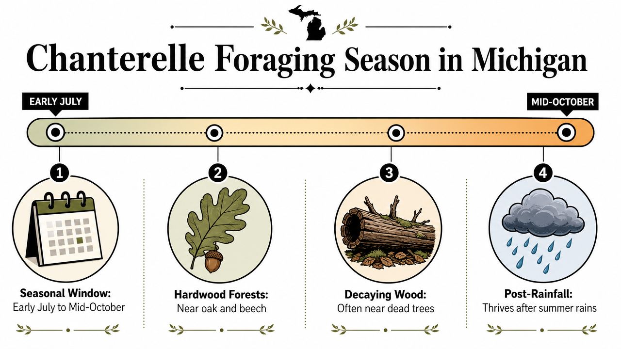 An infographic detailing the seasonal timing and environmental conditions for foraging chanterelle mushrooms in Michigan forests.