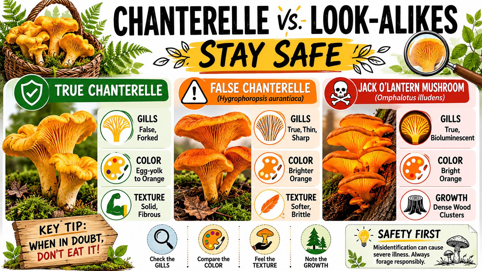 An educational infographic comparing true chanterelle mushrooms with false chanterelles and toxic jack o'lantern mushrooms.