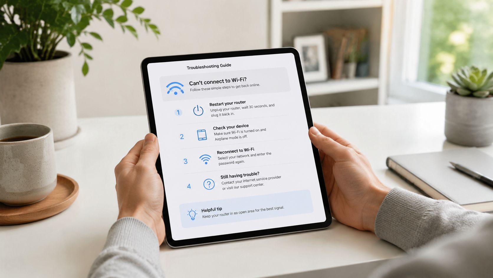 A person holding a tablet displaying a troubleshooting guide for fixing Wi-Fi connectivity issues on a desk.