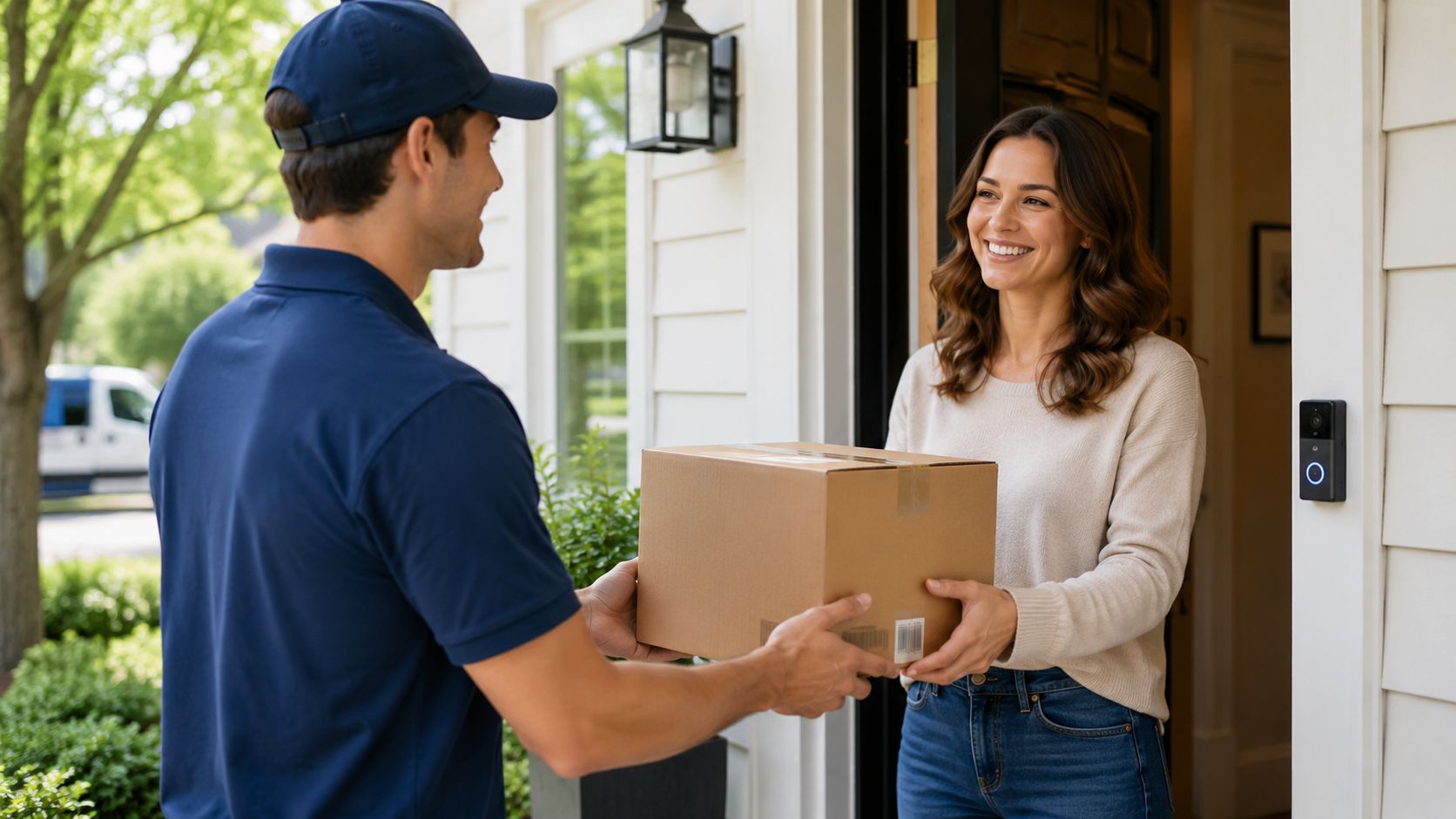 A friendly delivery driver handing a package to a smiling woman at her front doorstep.