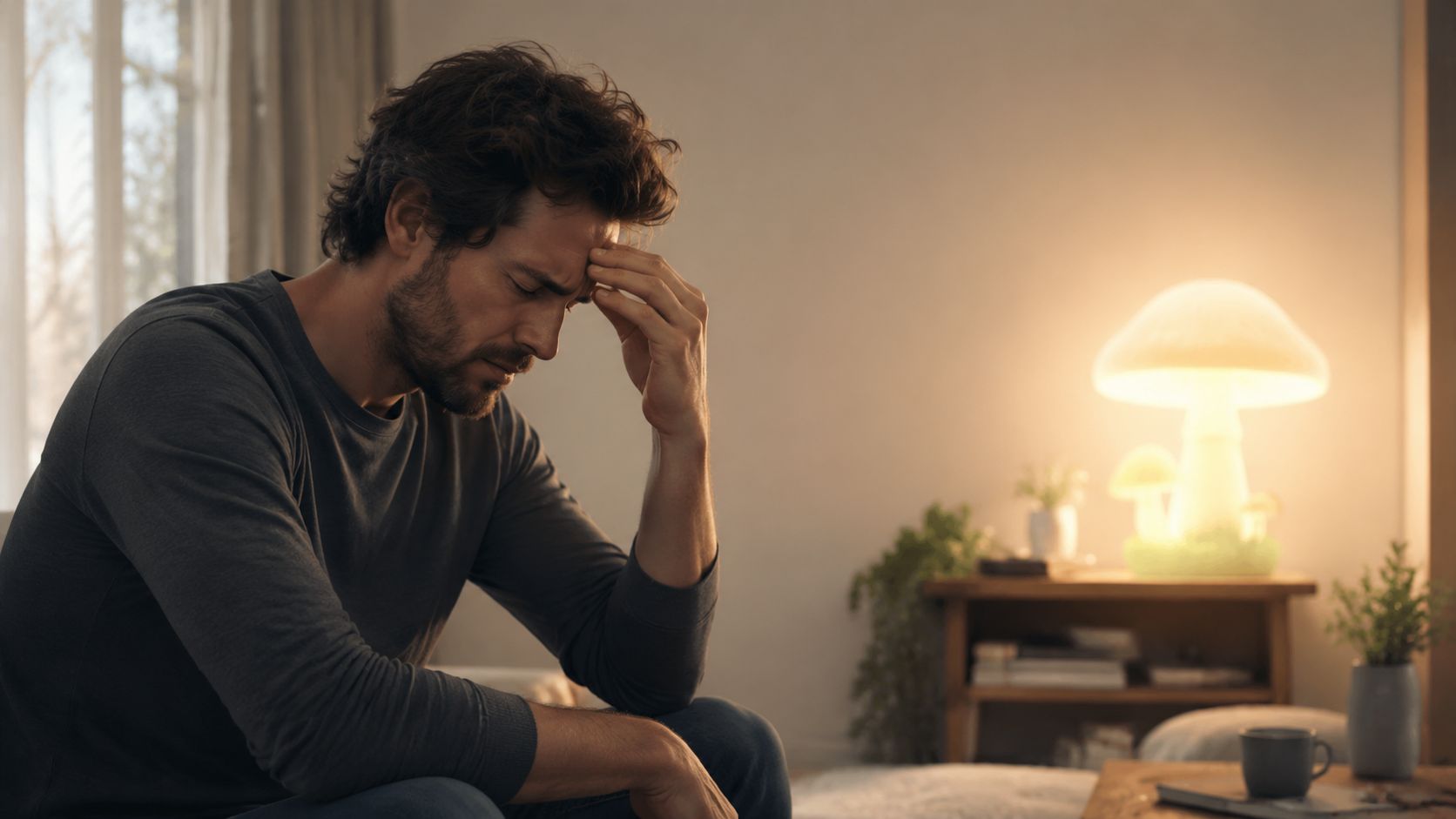 A man sitting indoors, touching his forehead in apparent pain while a mushroom-shaped lamp glows nearby.
