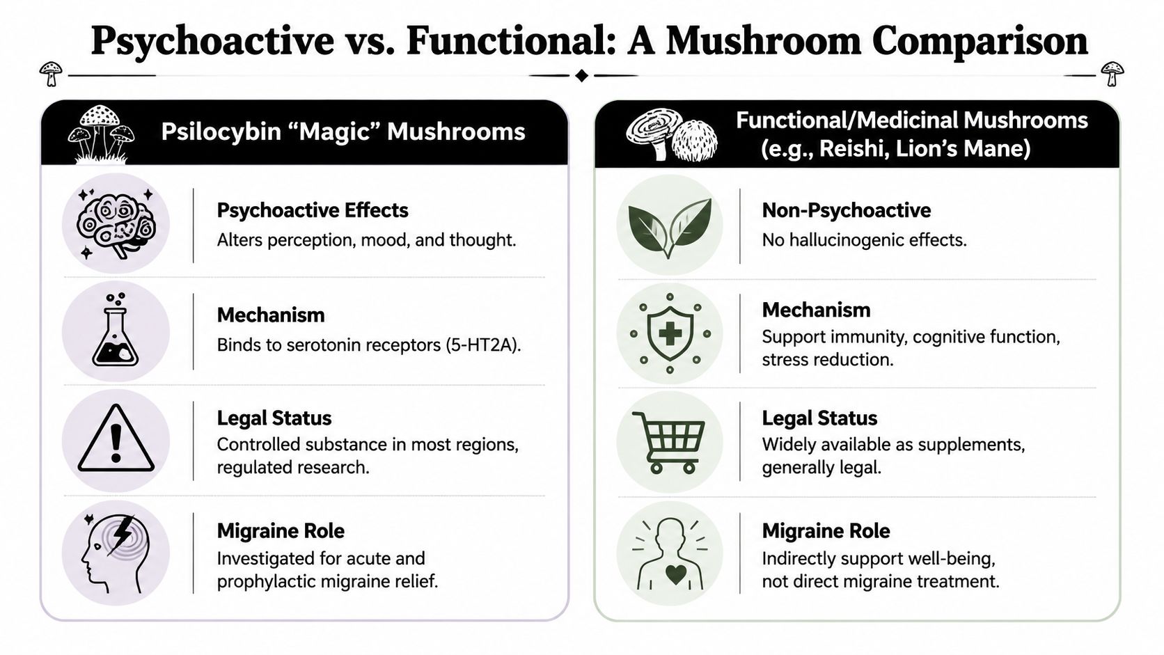 A comparison chart highlighting the differences between psilocybin magic mushrooms and functional medicinal mushrooms regarding their migraine roles.