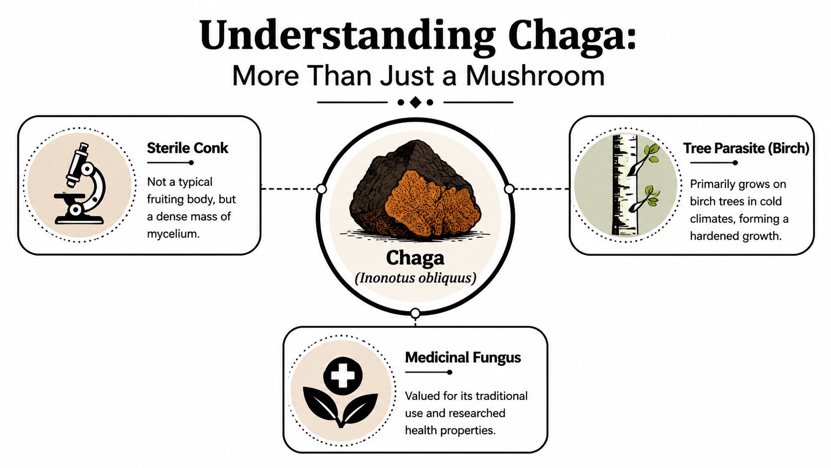 An infographic titled Understanding Chaga explaining that the fungus is a sterile conk, tree parasite, and medicinal mushroom.