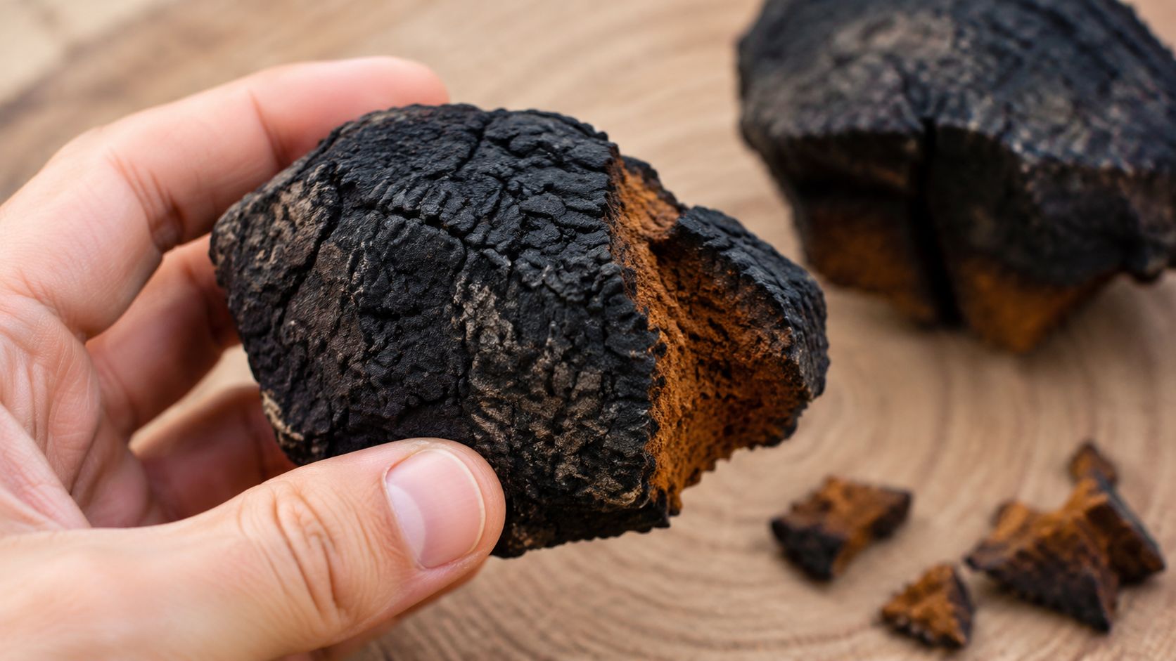 A person holding a raw piece of dark, textured chaga mushroom on a wooden background