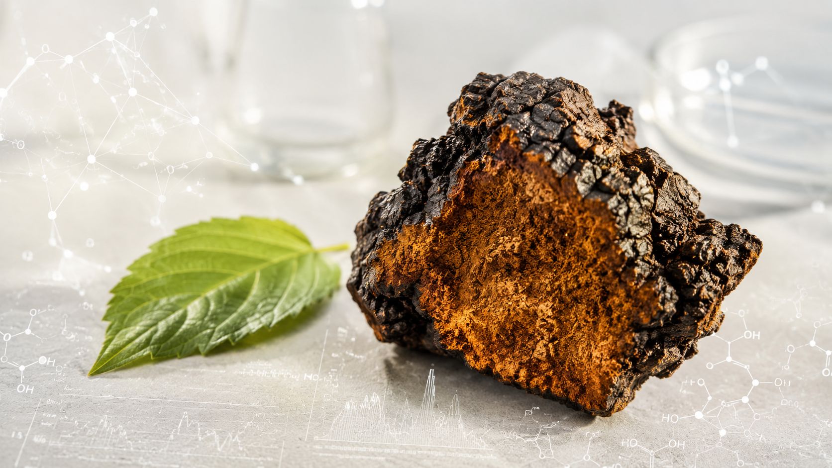 A large piece of raw, dark dried chaga mushroom next to a green leaf on a table.