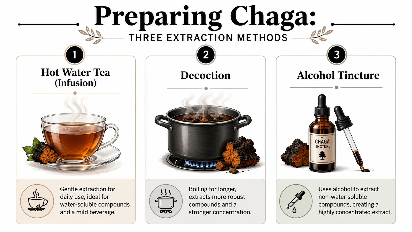 An educational infographic displaying three methods for preparing Chaga mushrooms: hot water tea, decoction, and alcohol tincture.