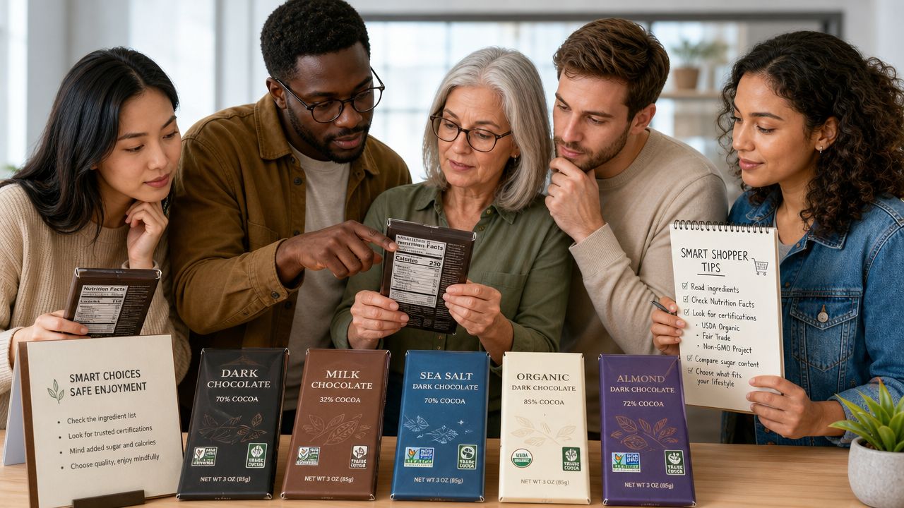 A diverse group of people discussing nutrition labels on chocolate bars while standing around a wooden table.