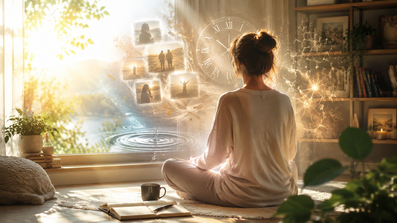 A person meditating in front of a window with glowing memories, a clock, and neural light patterns.