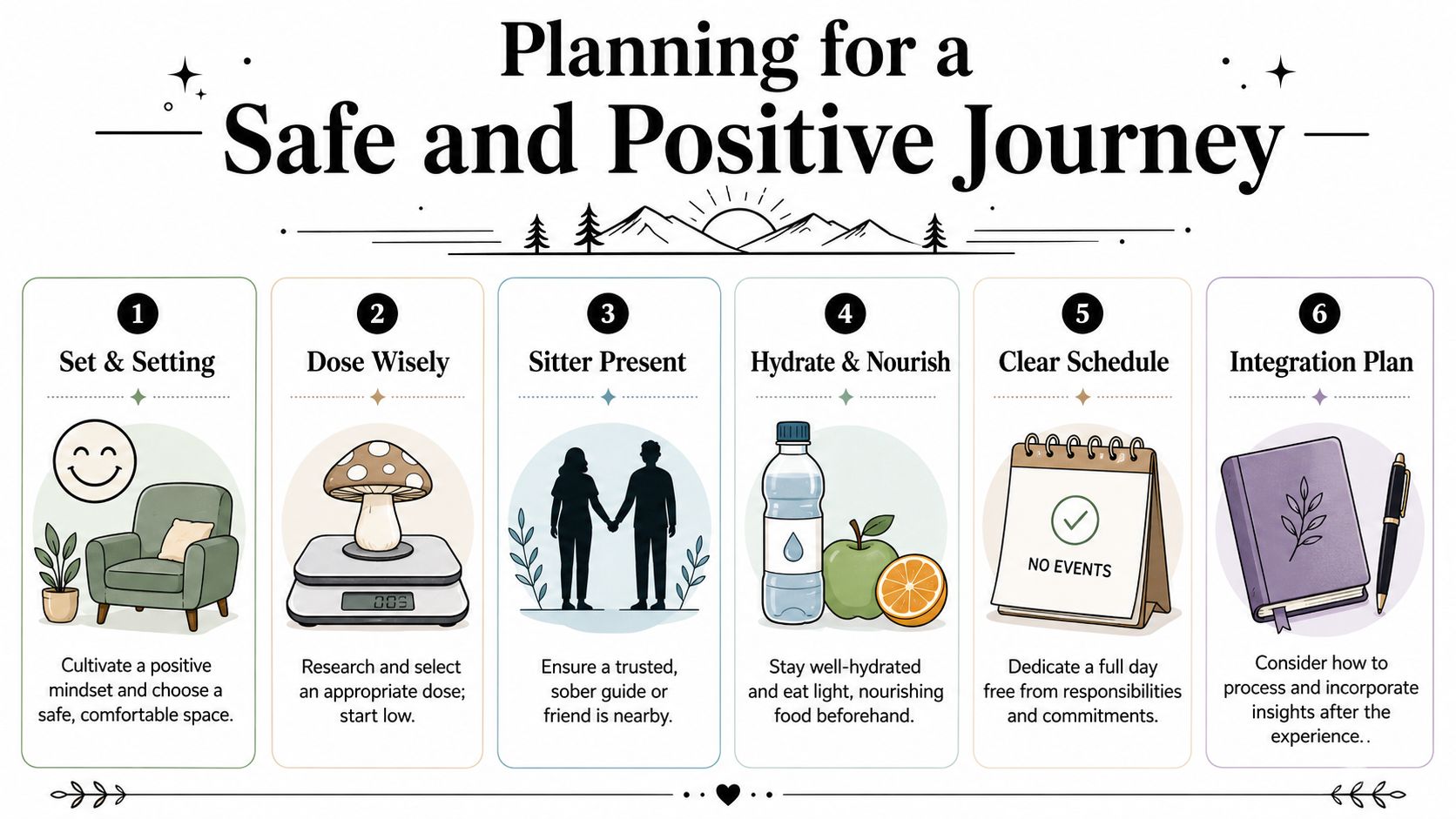 A six-step infographic guide titled Planning for a Safe and Positive Journey, illustrating steps for psychedelic experiences.