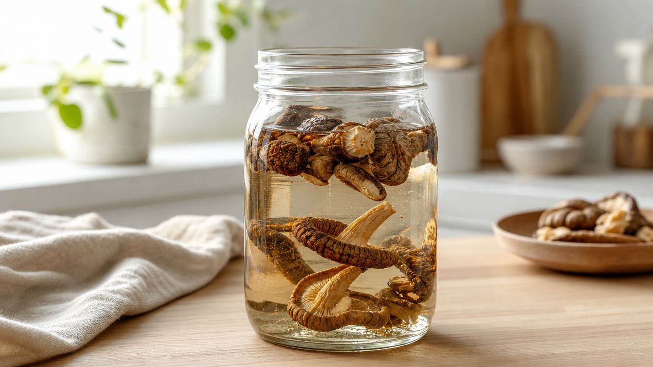 A glass jar filled with water and dried mushrooms soaking on a wooden kitchen table.