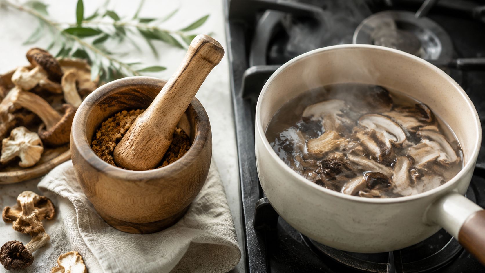 A mortar and pestle sits next to a pot of steeping shiitake mushrooms on a stove.