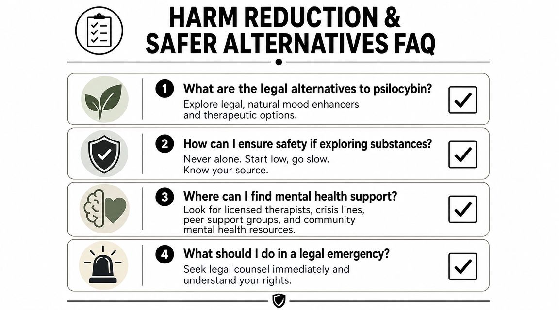An infographic detailing harm reduction strategies and safe alternatives for those considering substance use.