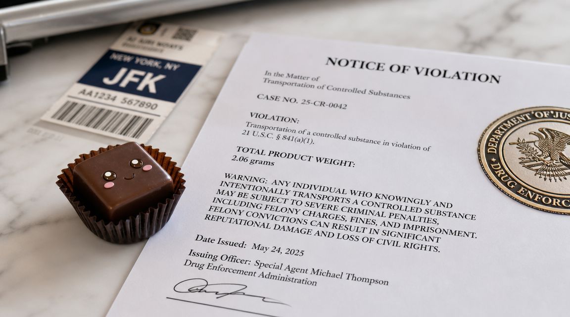 A fake legal notice regarding drug transportation next to a single chocolate and an airport luggage tag.