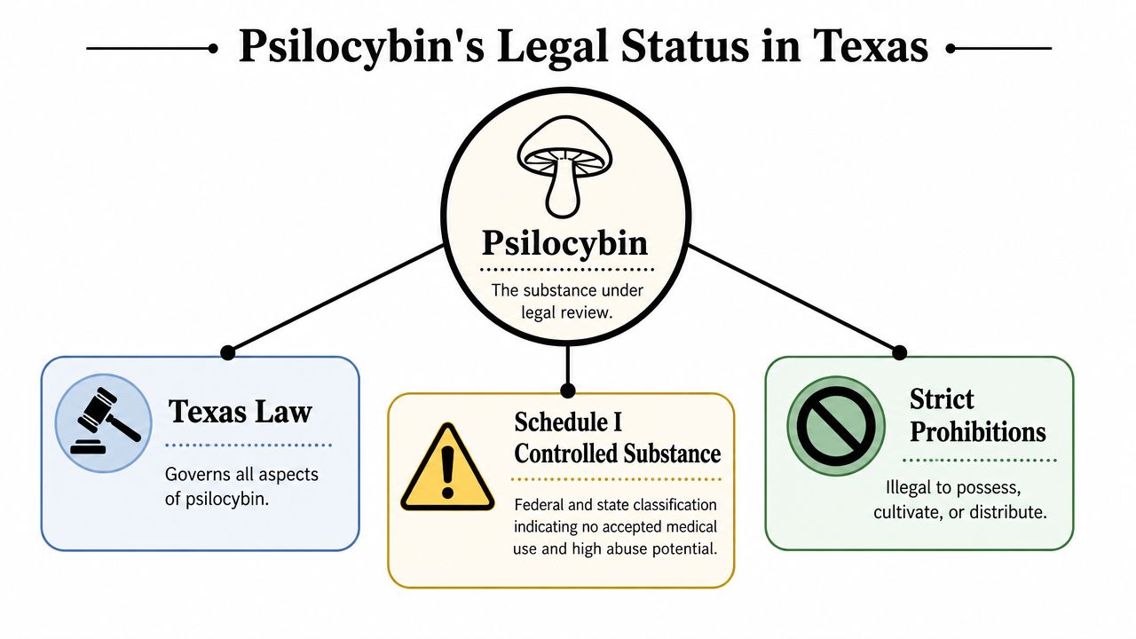 A diagram explaining that psilocybin is a Schedule I controlled substance and is illegal in Texas.